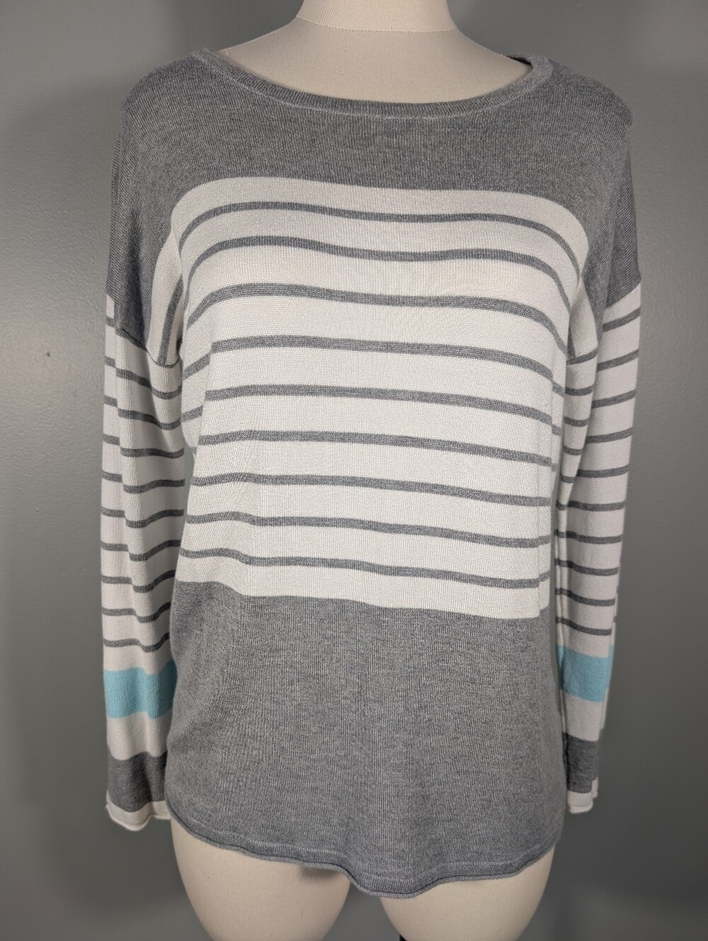 THML Gray and White Striped Women’s Sweater with Light Blue Accent, M.